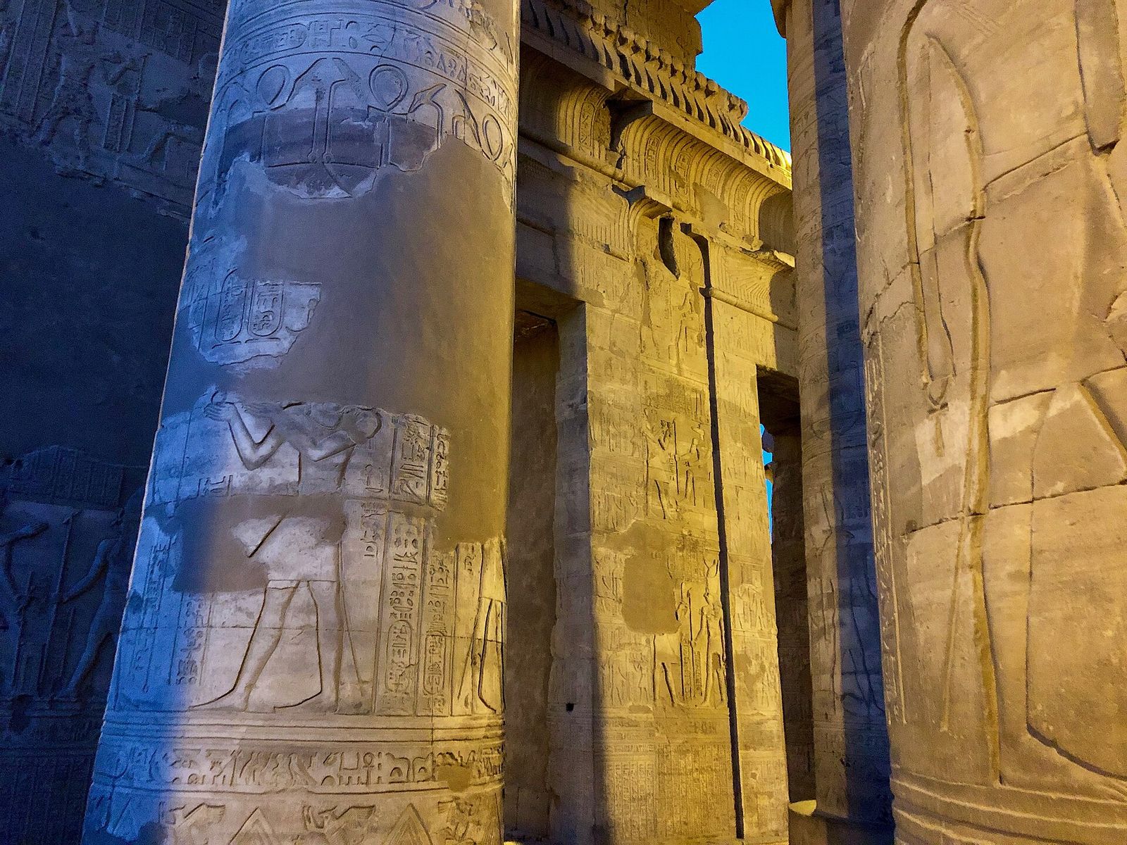 Carved columns in the shade at Kom Ombo Temple