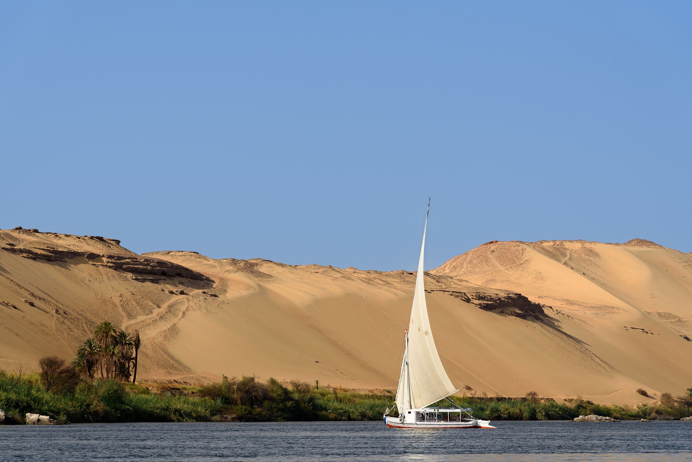 A white-sailed felucca on the Nile beneath golden dunes