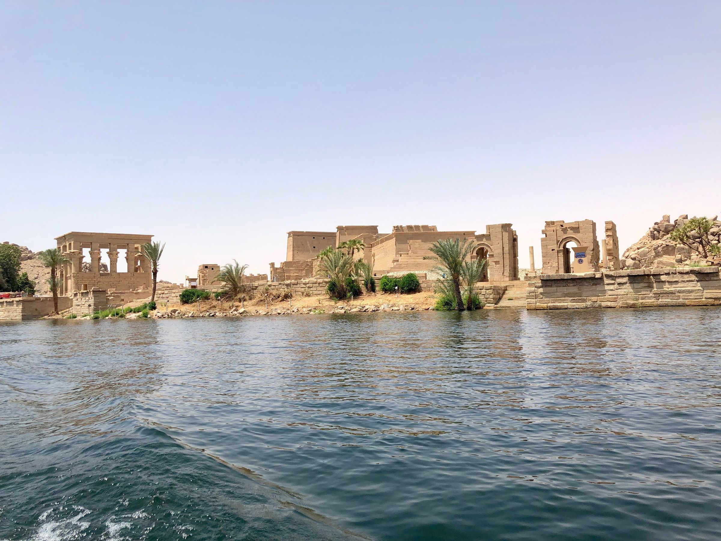 The temples of Philae seen from a boat on the Nile